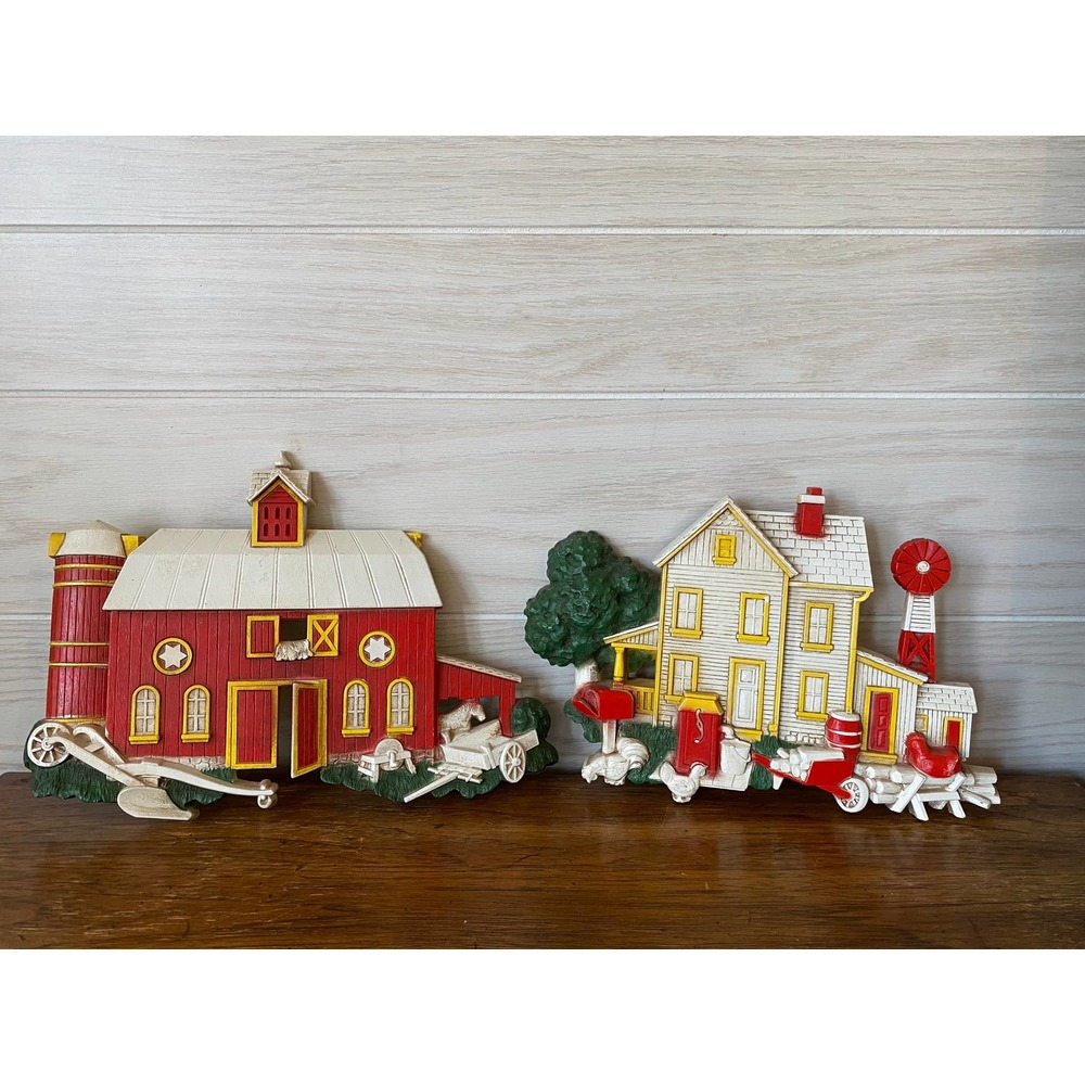 Vintage Pair of 1975 Homco Farmhouse and Big Red Barn Wall Hangings